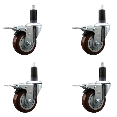 Service Caster 3.5'' Maroon Poly Swivel 1-1/4'' Expanding Stem Caster Set Total Lock Brake, 4PK SCC-EXTTL20S3514-PPUB-MRN-114-4